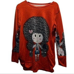 Leewon Red Long Sleeve Curly Hair Girl Print Top